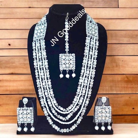 Jewelry - Silver Plated Kundan And Pearl Long Necklace Set